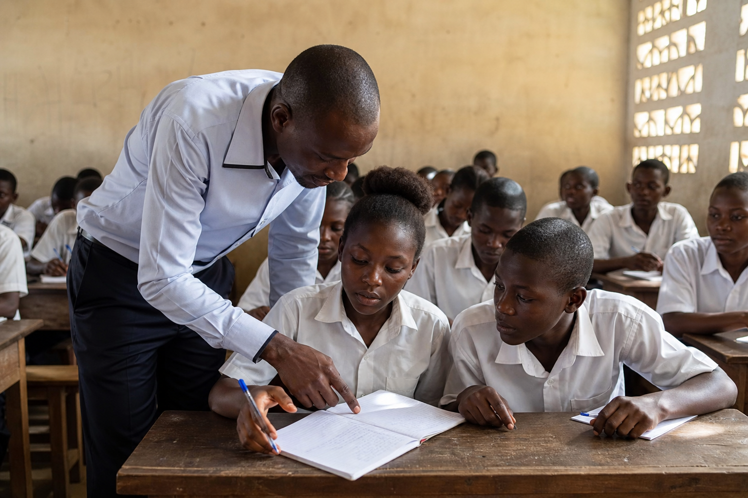 Enseignant congolais accompagnant ses élèves