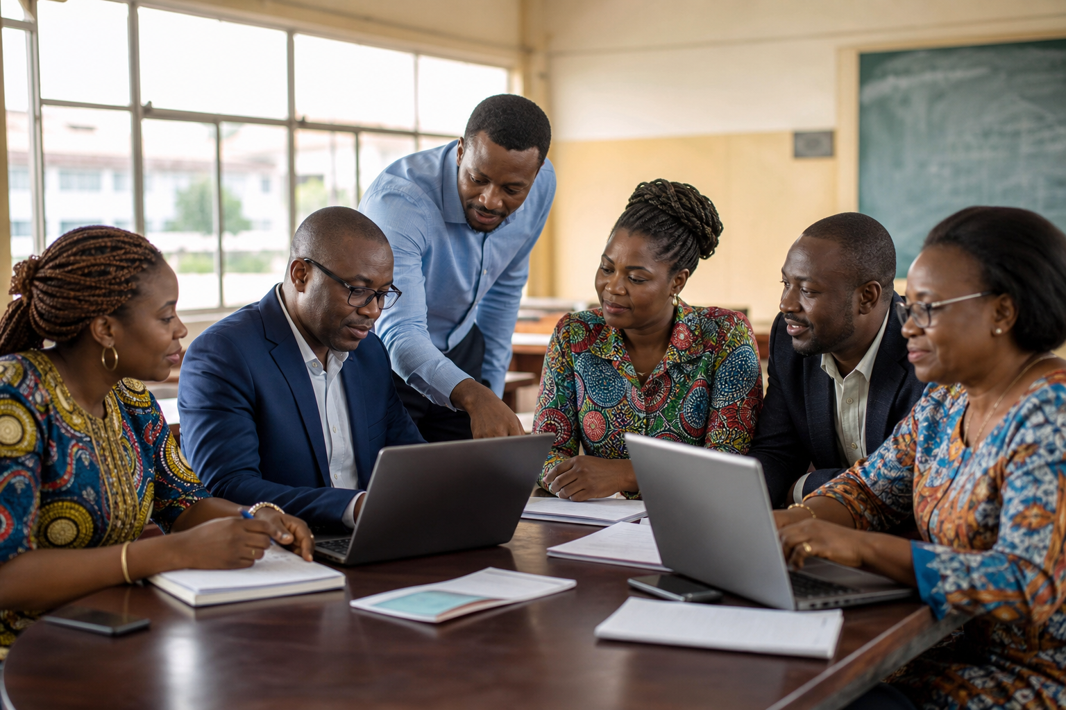 Équipe éducative congolaise collaborant autour d'une plateforme numérique